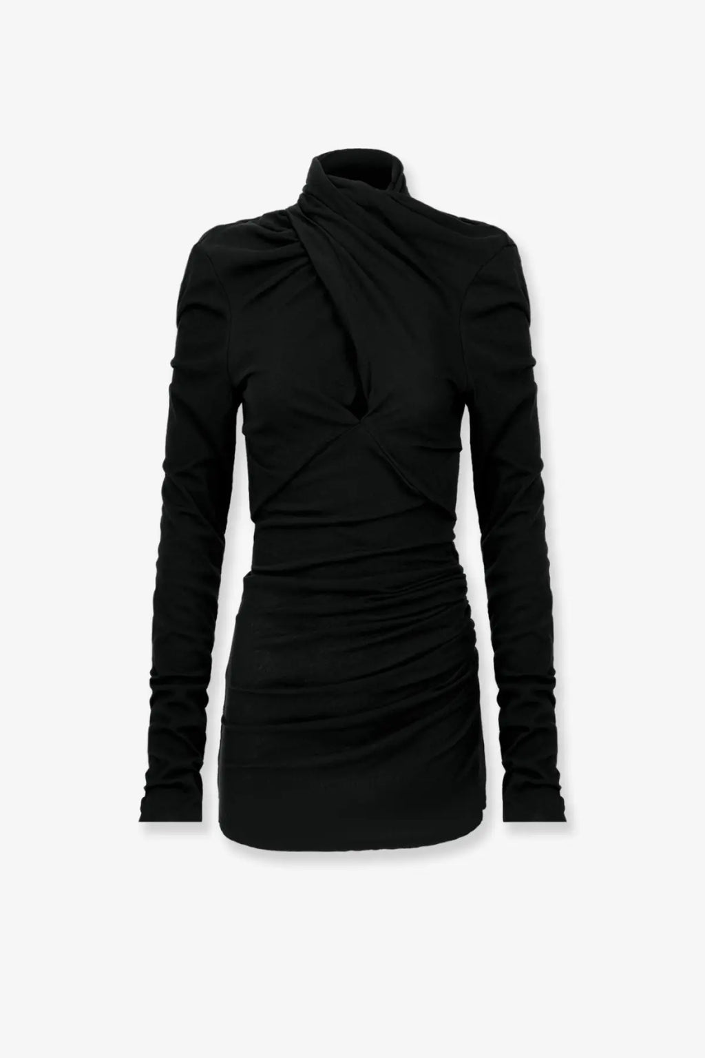 Black long sleeved turtleneck dress with ruched detailing and draped neckline in entire studios grey stretch cotton top
