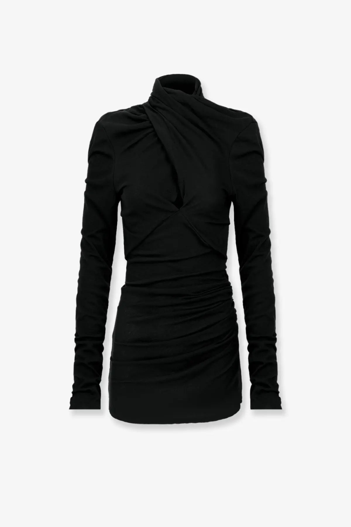 Black long sleeved turtleneck dress with ruched detailing and draped neckline in entire studios grey stretch cotton top