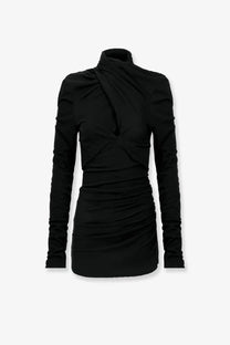 Black long sleeved turtleneck dress with ruched detailing and draped neckline in entire studios grey stretch cotton top