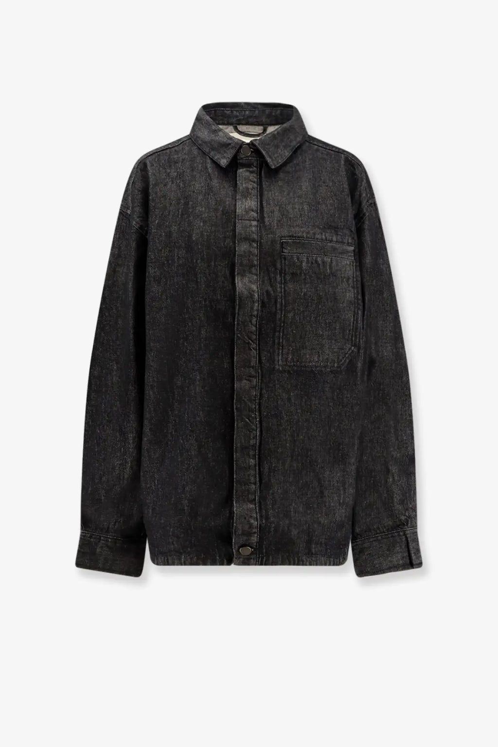 Entire Studios women’s Herculean black denim shirt jacket featuring a classic collar and button-front design