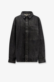 Entire Studios women’s Herculean black denim shirt jacket featuring a classic collar and button-front design