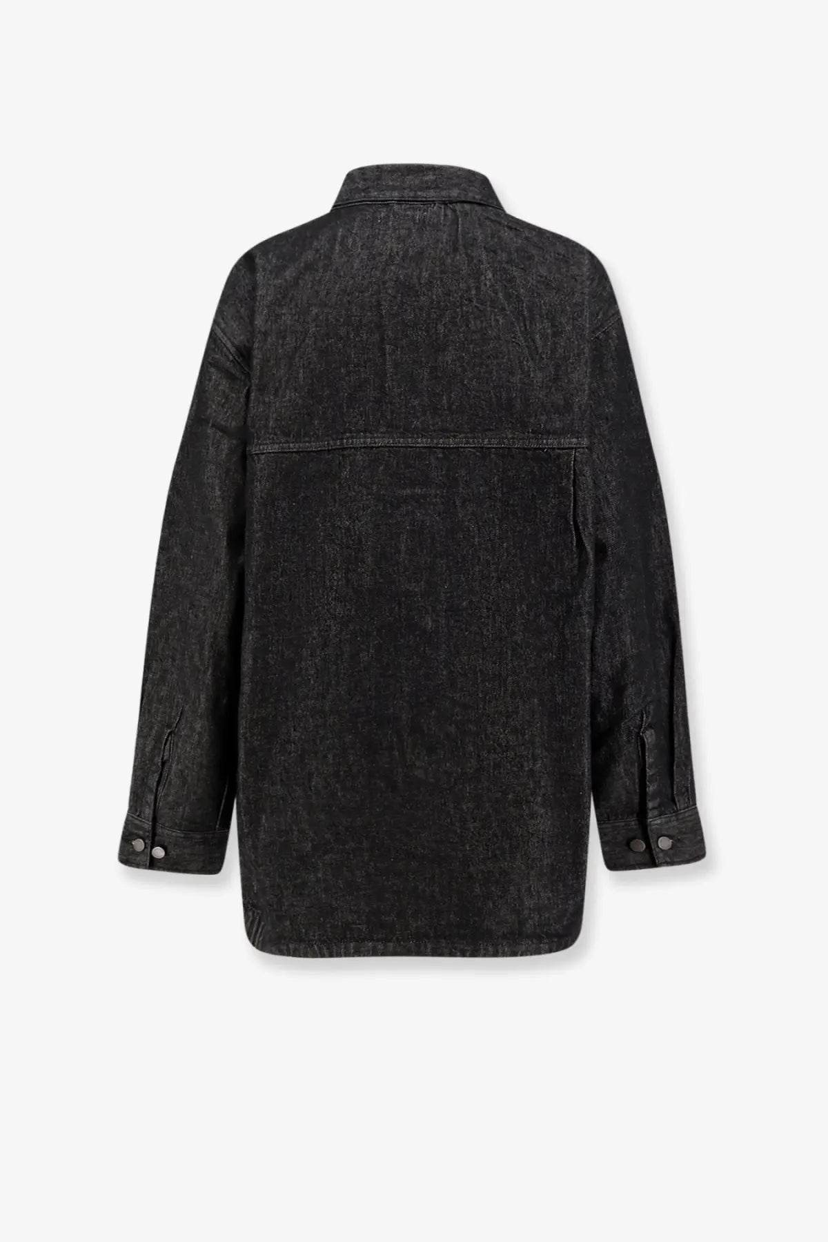 Entire Studios women’s Herculean black denim shirt jacket with relaxed fit and buttoned cuffs in black denim