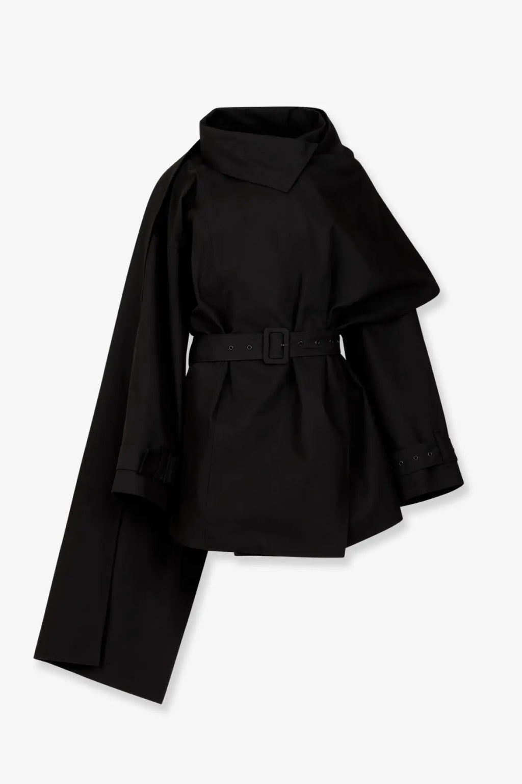 Entire studios women’s mini scarf black cotton coat with asymmetrical trench design high collar and matching belt