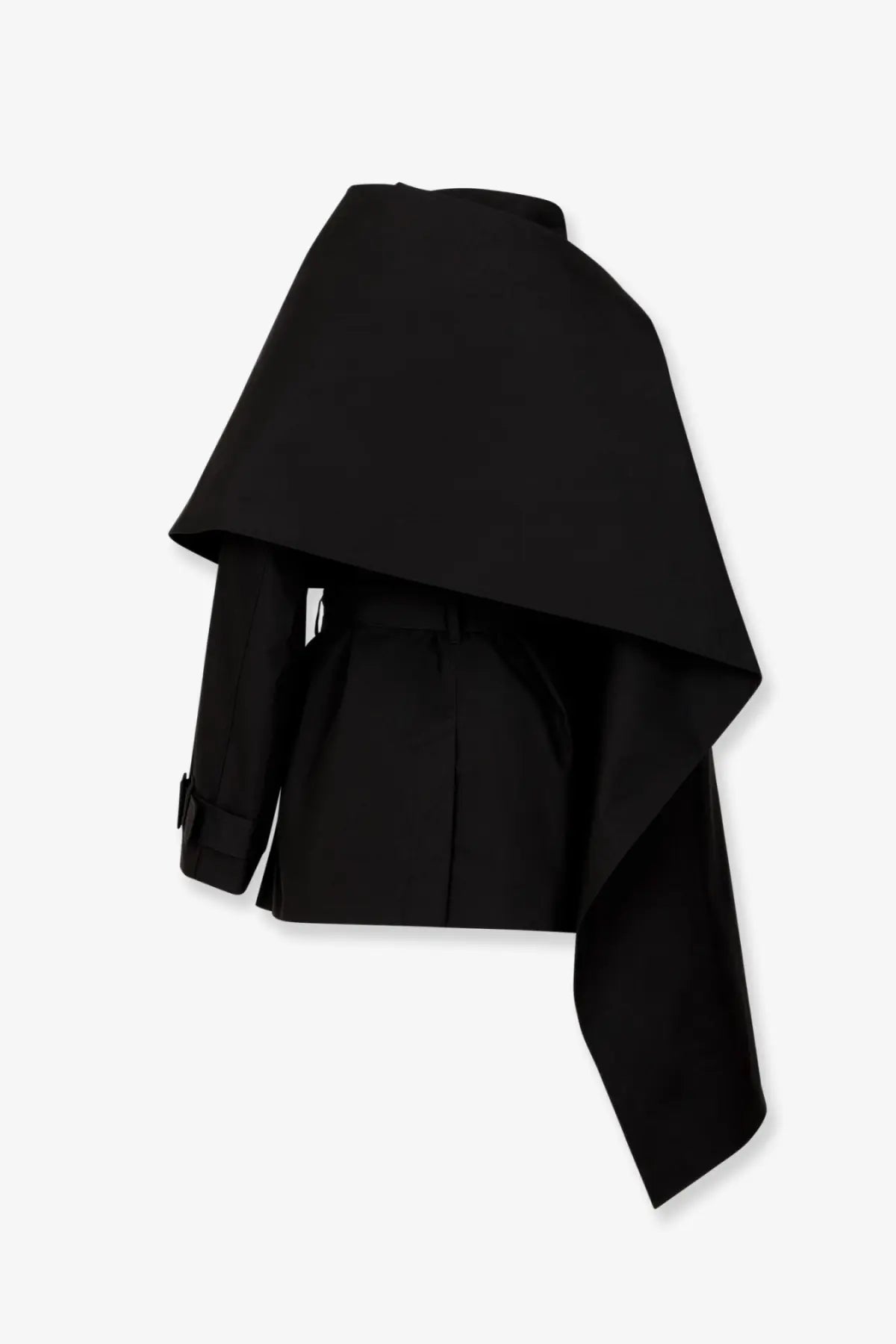 Entire Studios women’s black cotton mini scarf coat with asymmetrical draped fabric and structured shoulders