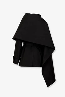 Entire Studios women’s black cotton mini scarf coat with asymmetrical draped fabric and structured shoulders