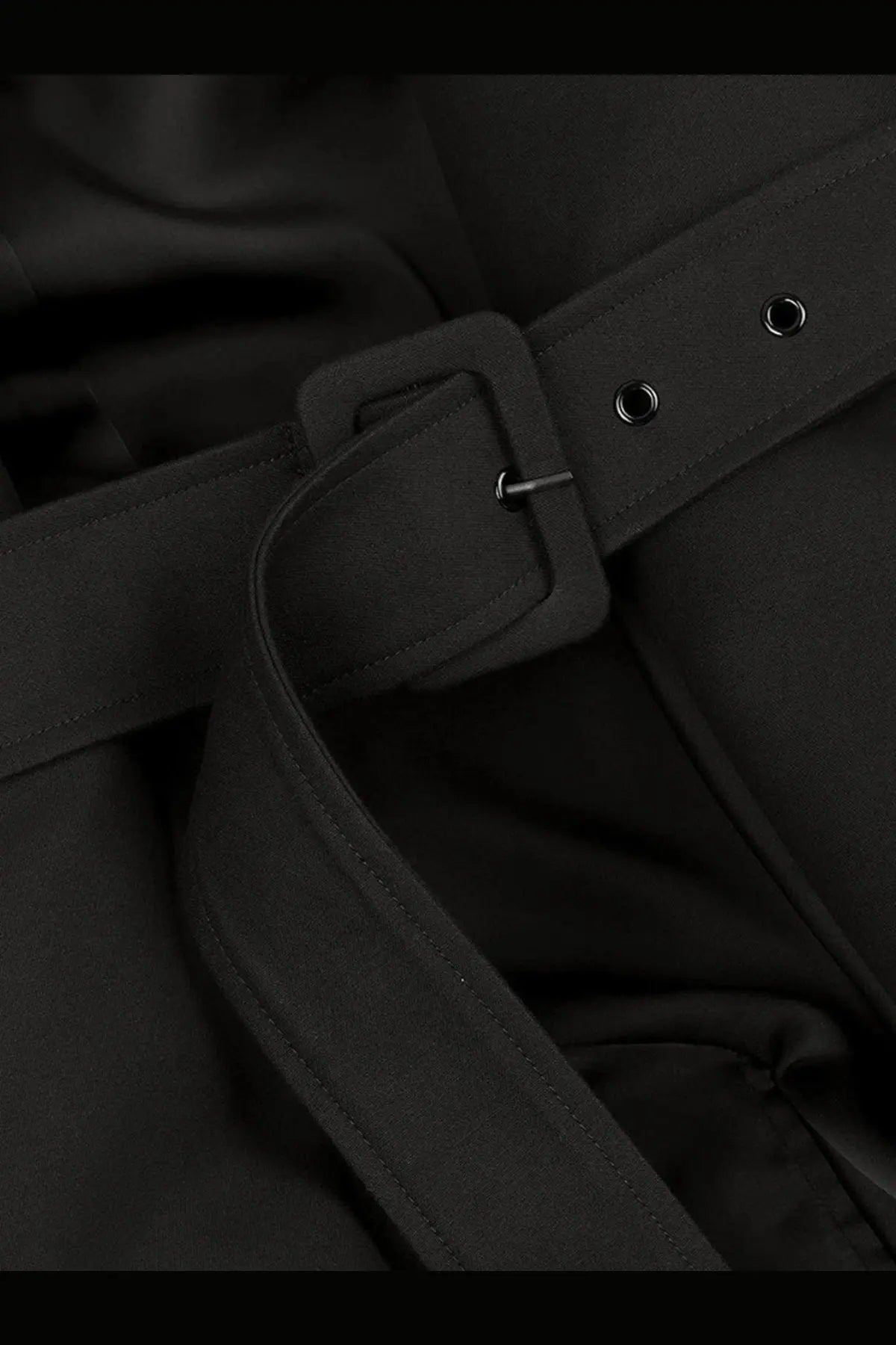 Black cotton fabric belt with rectangular buckle and silver hardware featured on entire studios women’s mini scarf coat