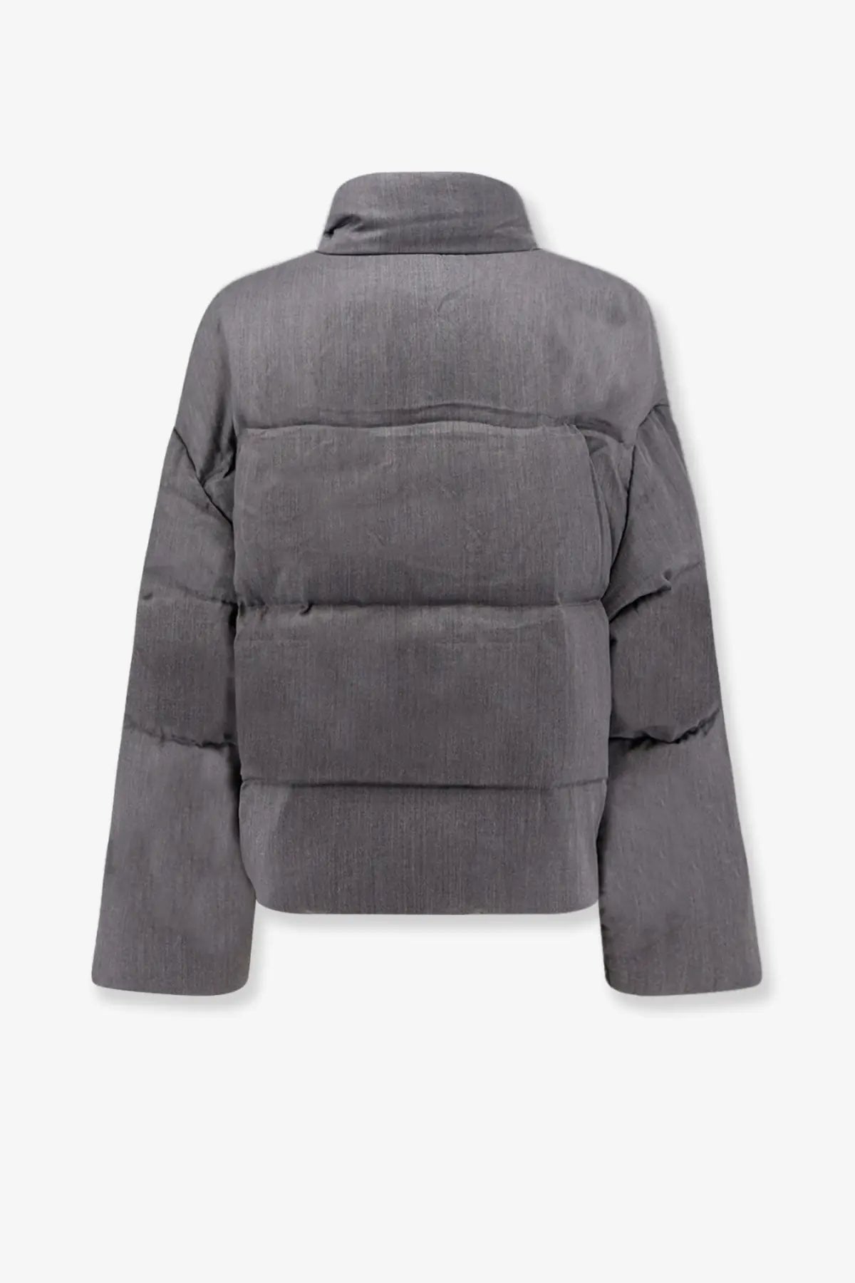 Entire Studios women’s mml puffer wool down jacket grey with gray corduroy high collar and horizontal seam detailing