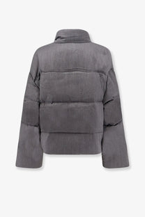Entire Studios women’s mml puffer wool down jacket grey with gray corduroy high collar and horizontal seam detailing