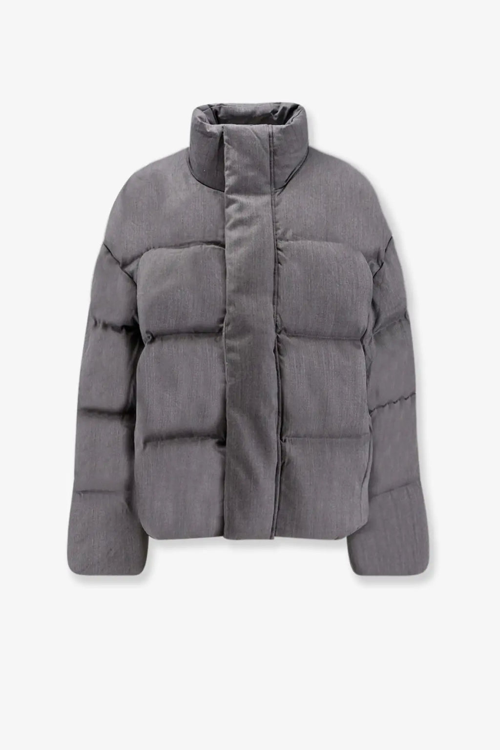 Entire Studios women’s mml puffer wool down jacket grey with high collar and quilted design front view