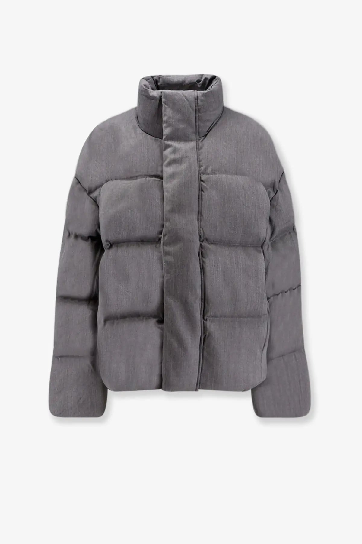 Entire Studios women’s mml puffer wool down jacket grey with high collar and quilted design front view