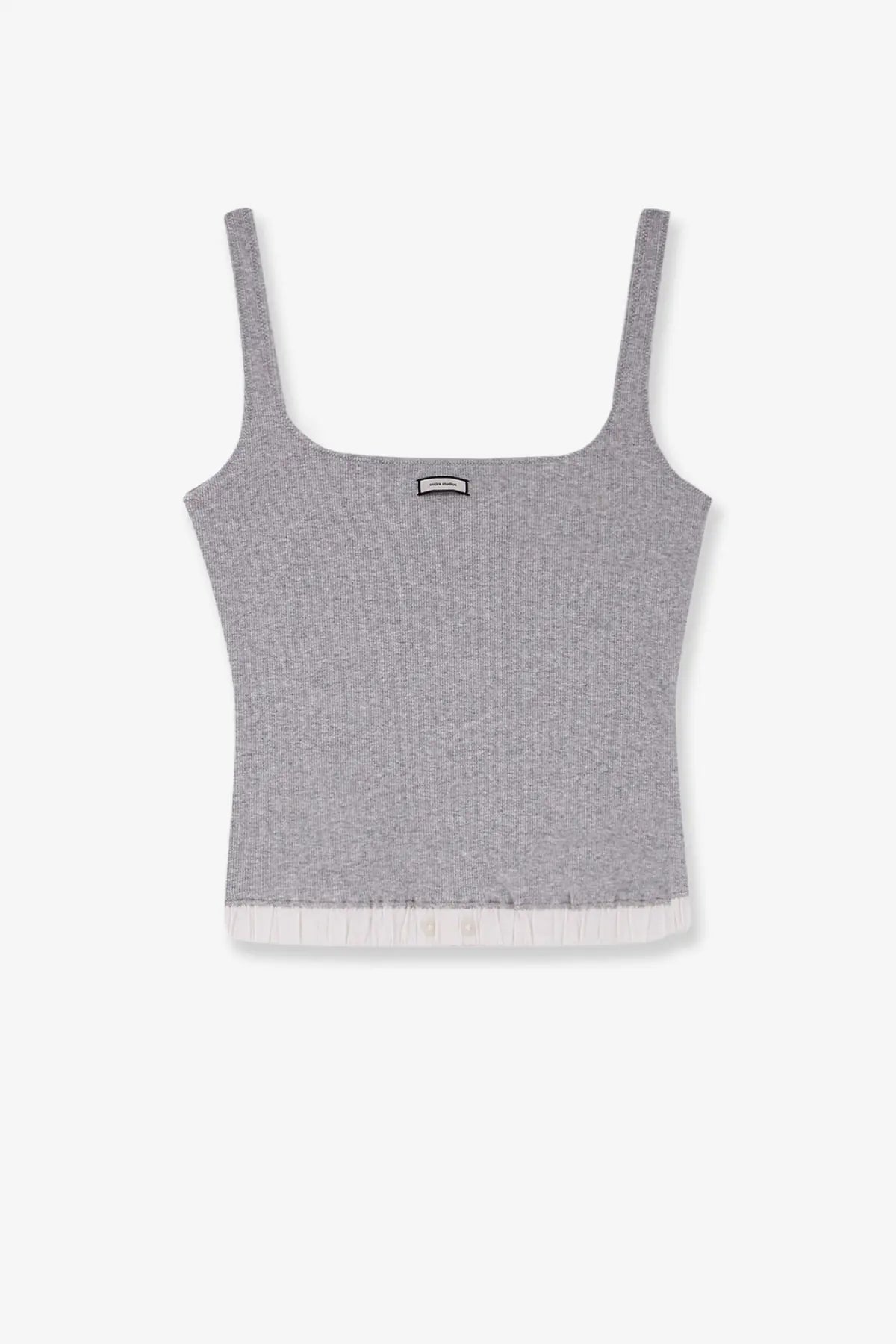 Entire Studios women’s pebble ribbed cotton tank top in heather gray with thin straps and white fringe trim hem