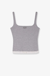 Entire Studios women’s pebble ribbed cotton tank top in heather gray with thin straps and white fringe trim hem
