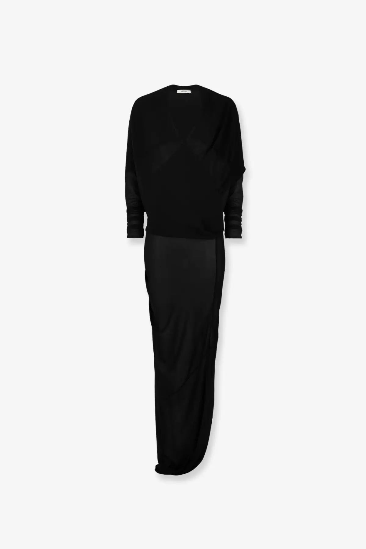 Entire Studios women’s black long-sleeved robe dress with draped asymmetrical design in smooth satin-like fabric