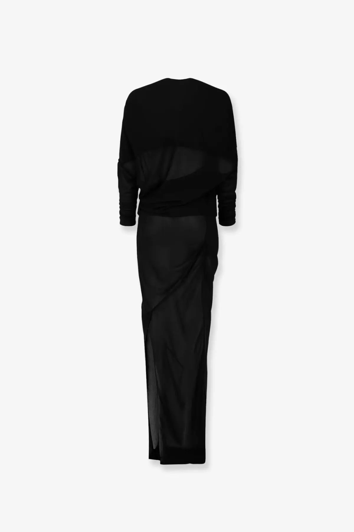 Entire studios women’s black satin slip dress with long sleeves high neckline and transparent fabric robe detail