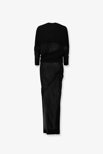 Entire studios women’s black satin slip dress with long sleeves high neckline and transparent fabric robe detail