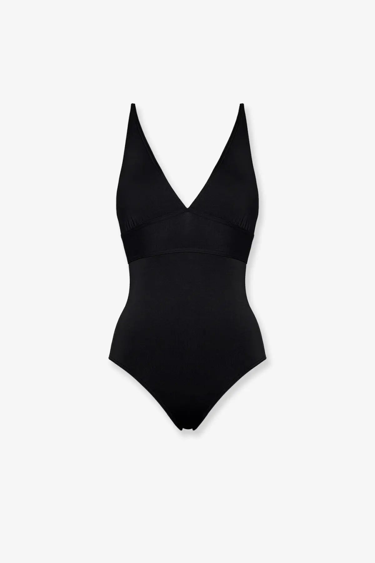 Eres women’s larcin lycra black one-piece swimsuit with deep v-neckline and wide ribbed band across the torso