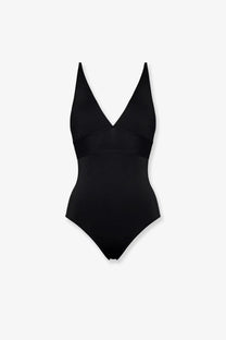 Eres women’s larcin lycra black one-piece swimsuit with deep v-neckline and wide ribbed band across the torso