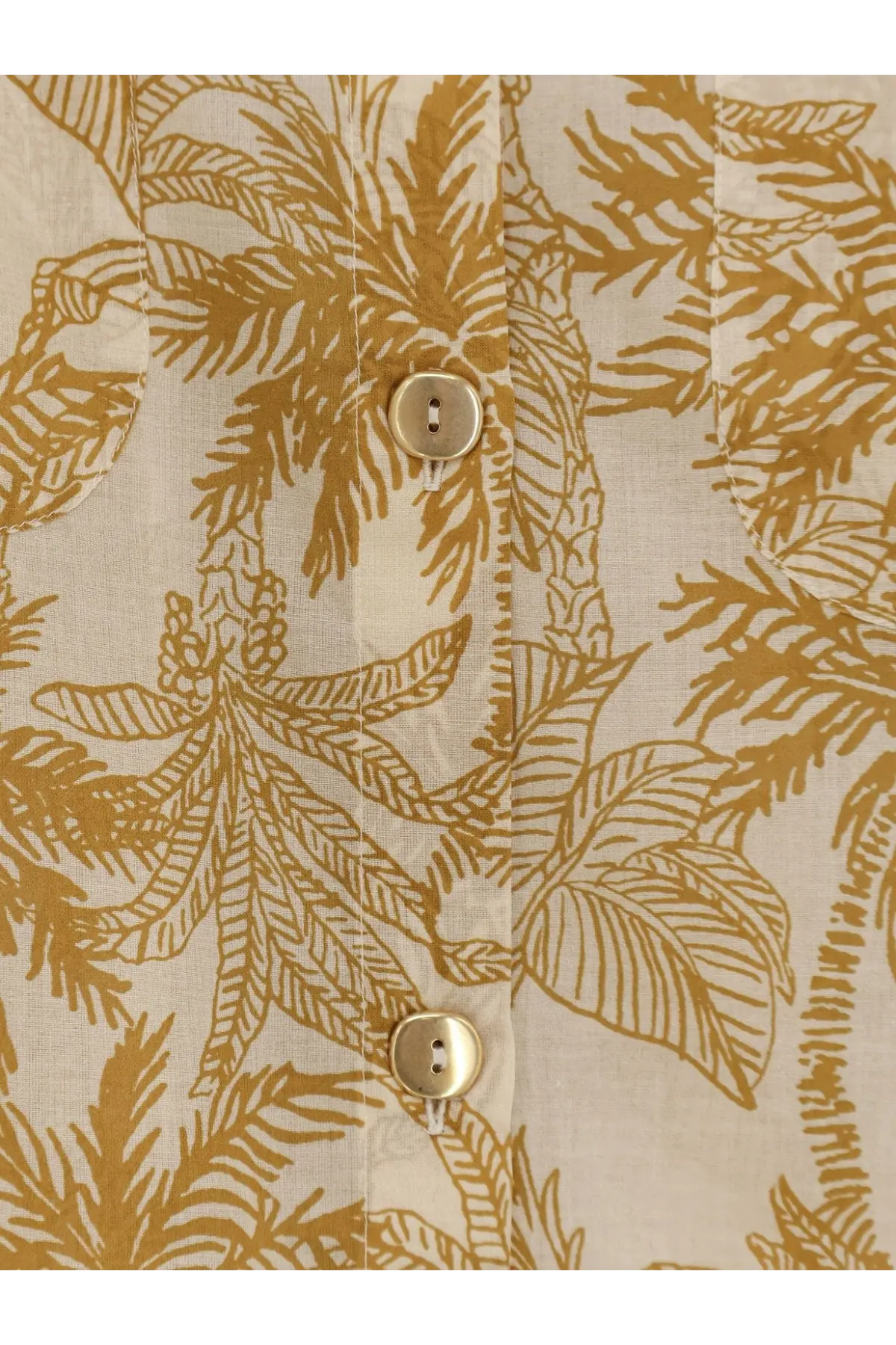 Eres women’s long panama cotton shirt yellow featuring a beige button-up design with golden tropical leaf pattern and buttons
