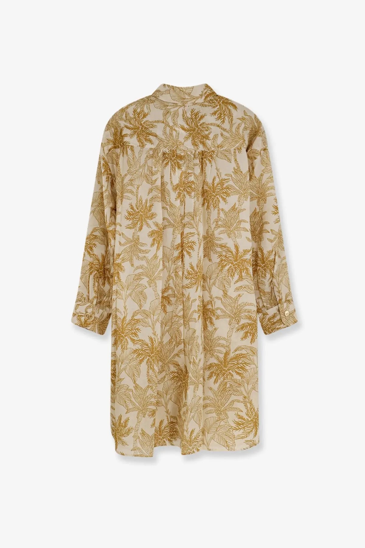Eres women’s long Panama cotton shirt dress in yellow with beige and gold palm leaf print and long sleeves