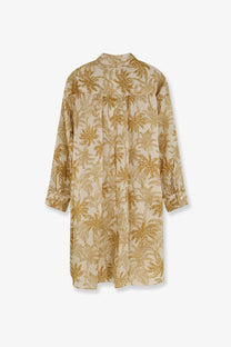 Eres women’s long Panama cotton shirt dress in yellow with beige and gold palm leaf print and long sleeves