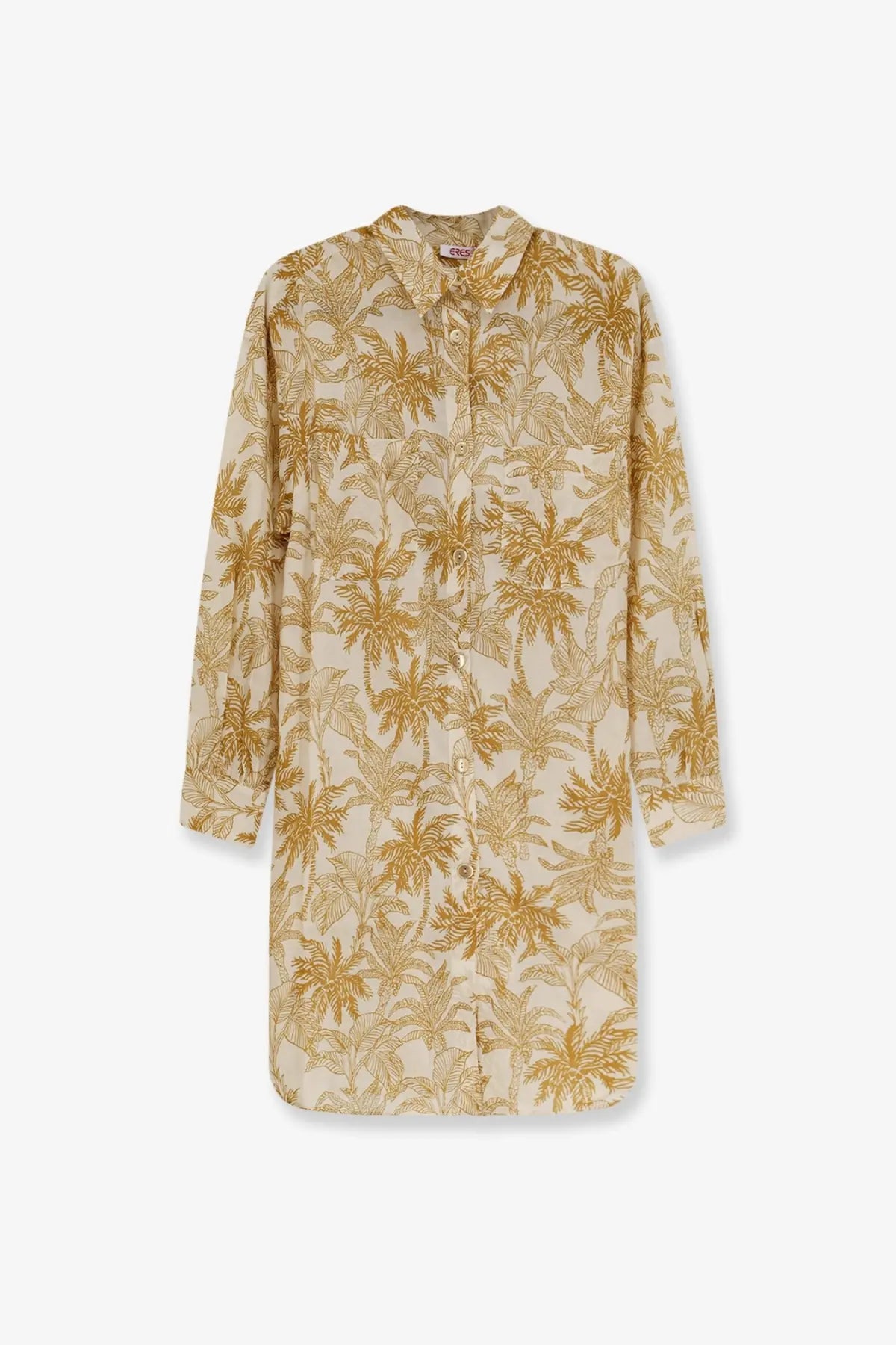 Eres women’s long Panama cotton shirt dress in soft beige with golden palm tree print and long sleeves