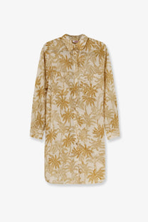 Eres women’s long Panama cotton shirt dress in soft beige with golden palm tree print and long sleeves