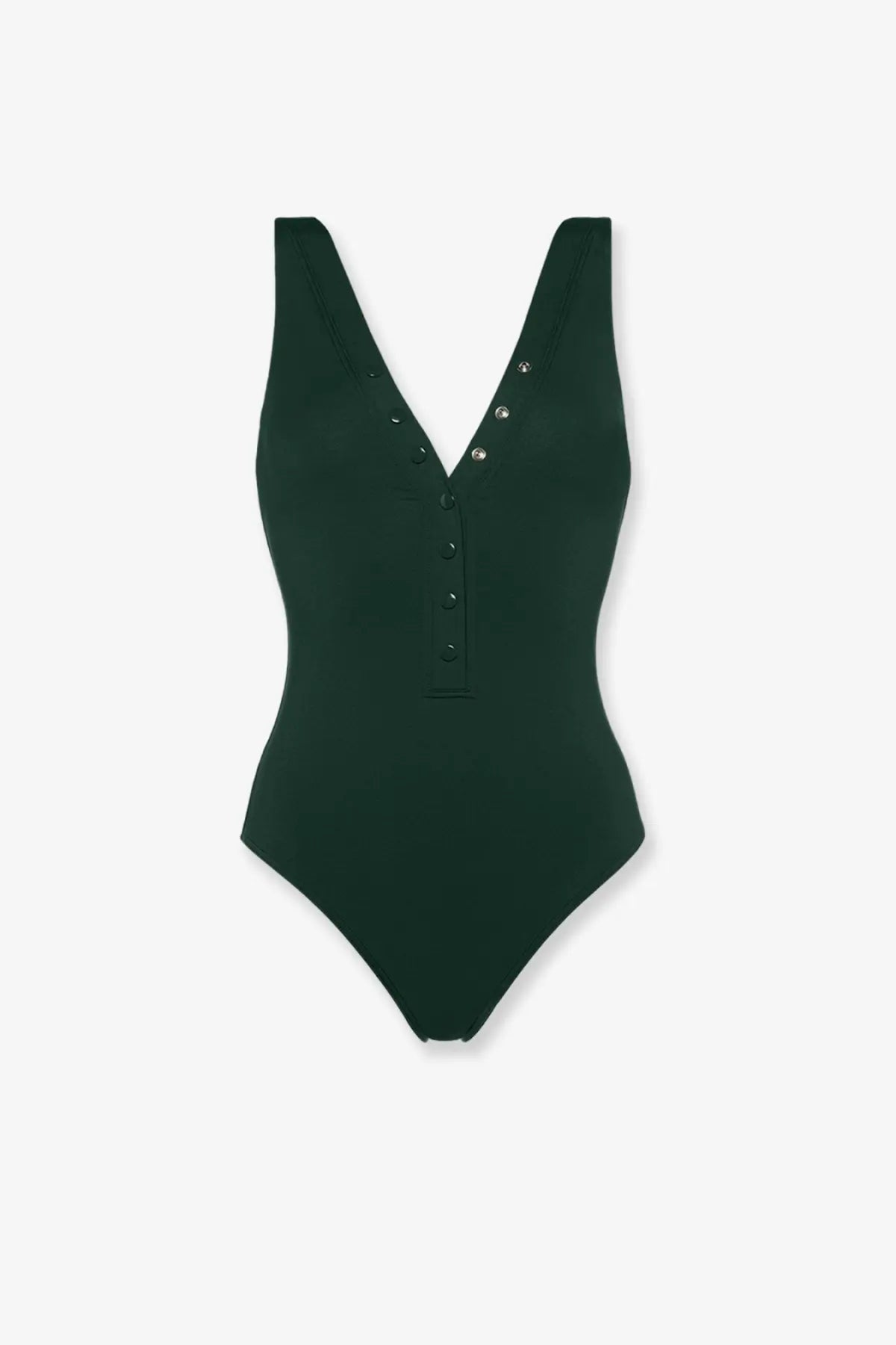 Eres women’s dark green lycra one piece swimsuit with v-neckline and button details down the front