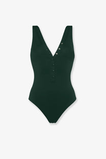 Eres women’s dark green lycra one piece swimsuit with v-neckline and button details down the front