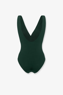 Eres women’s lycra one piece swimsuit in deep green with a plunging v-neckline and smooth form fitting fabric