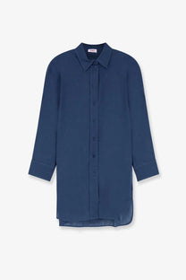 Eres women’s mignonette linen shirt blue navy long-sleeved button-up with classic collar and pleated cuffs