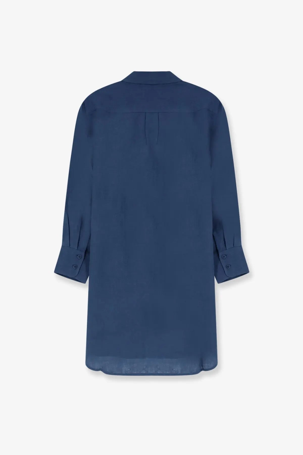Eres women’s mignonette linen shirt blue shows the back with a subtle pleat and rolled cuffs on navy blue fabric