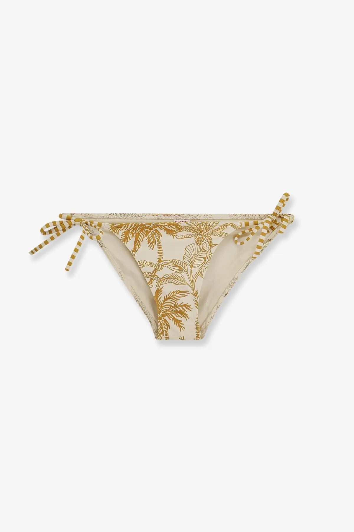 Eres women nylon bikini bottom in beige with gold palm tree print and striped tie-side strings front view