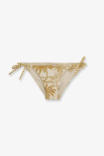 Eres women nylon bikini bottom in beige with gold palm tree print and striped tie-side strings front view