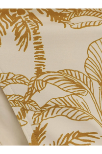 Cream-colored nylon bikini bottom with gold tropical palm tree and leaf pattern from eres womens swimwear