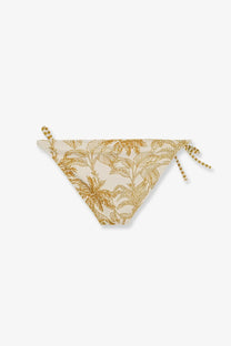 Eres women’s nylon bikini bottom cream color with gold tropical leaf pattern and striped tie-side ties