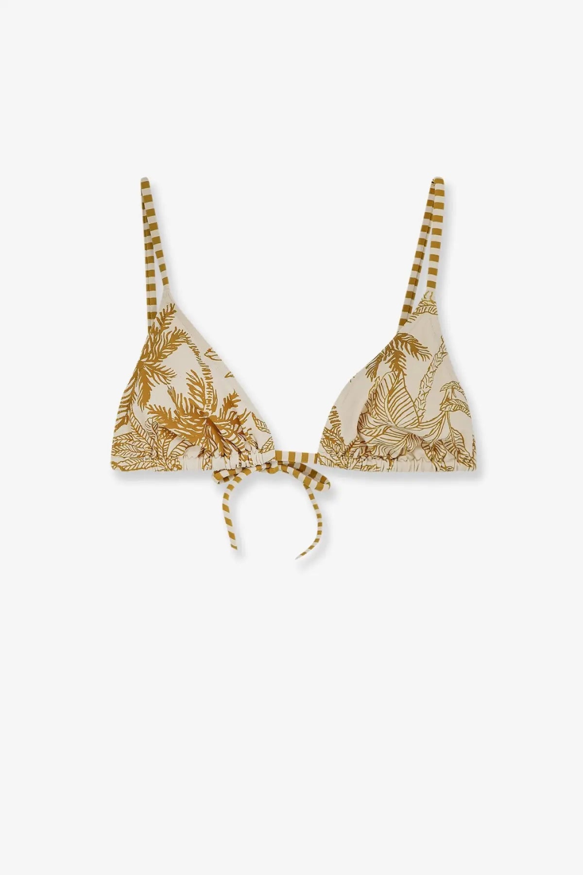 Beige nylon triangle bikini top by Eres with gold palm leaf print and striped straps for women