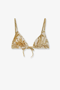 Beige nylon bikini top by Eres with gold palm leaf print and striped straps for women