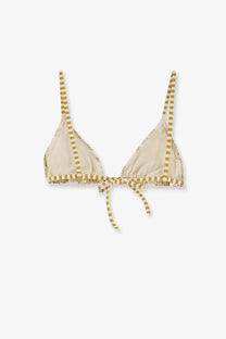 Eres women’s beige nylon triangle bikini top with gold and white striped straps lace trim and center tie