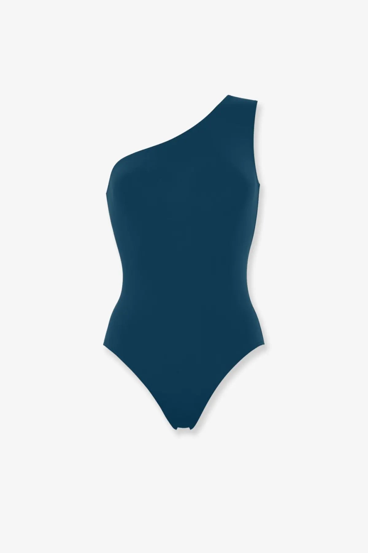 A sleek one-shoulder navy blue nylon one piece swimsuit by Eres with a smooth form-fitting design