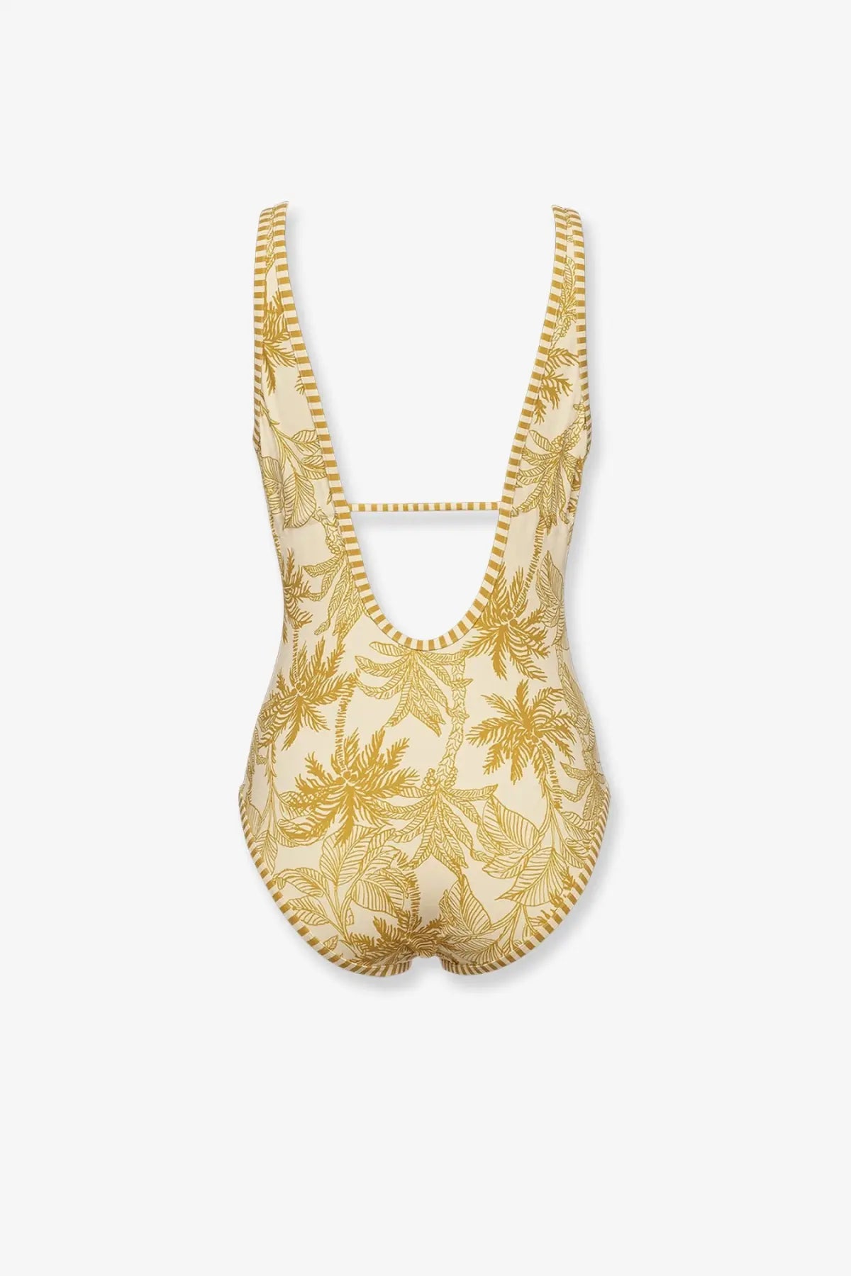 Eres women’s beige one-piece swimsuit with gold palm leaf pattern and striped trim on straps and edges