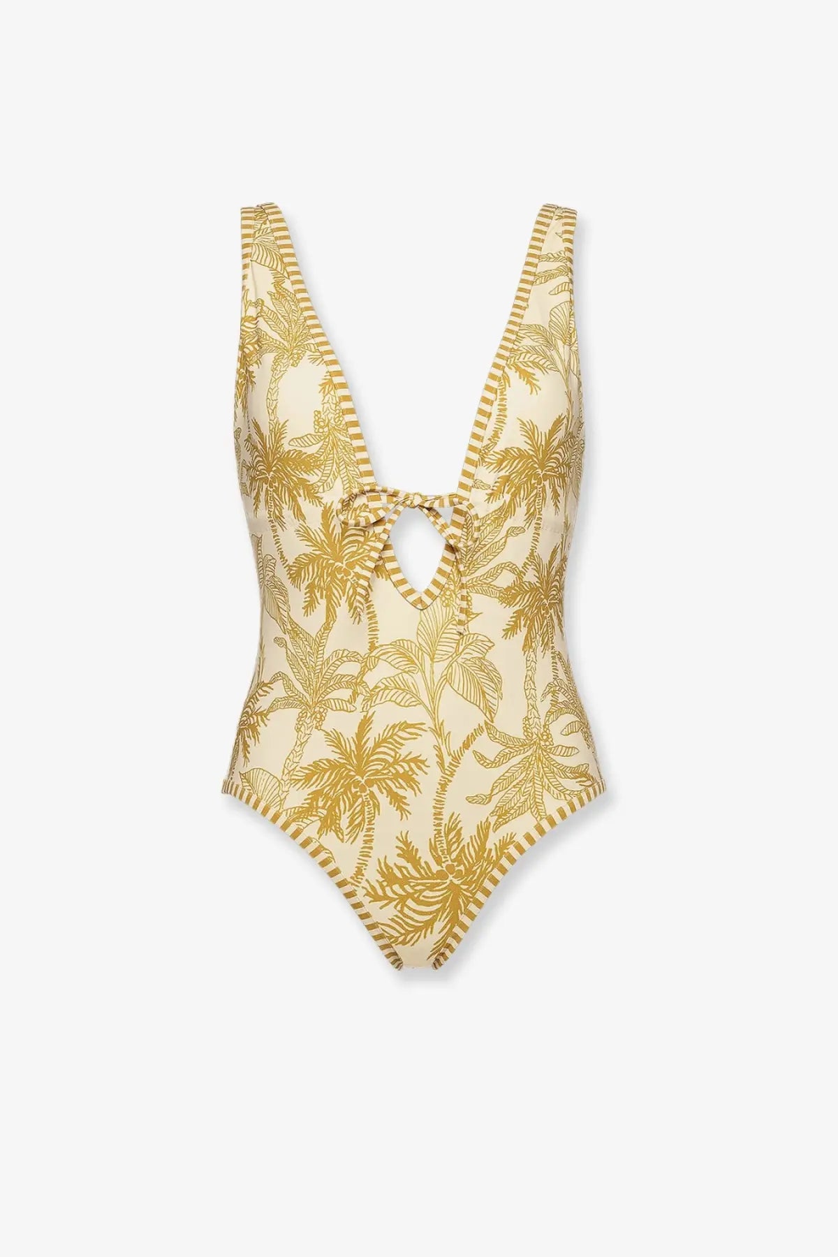 Eres women’s cream one piece swimsuit with gold palm tree pattern striped trim and keyhole neckline