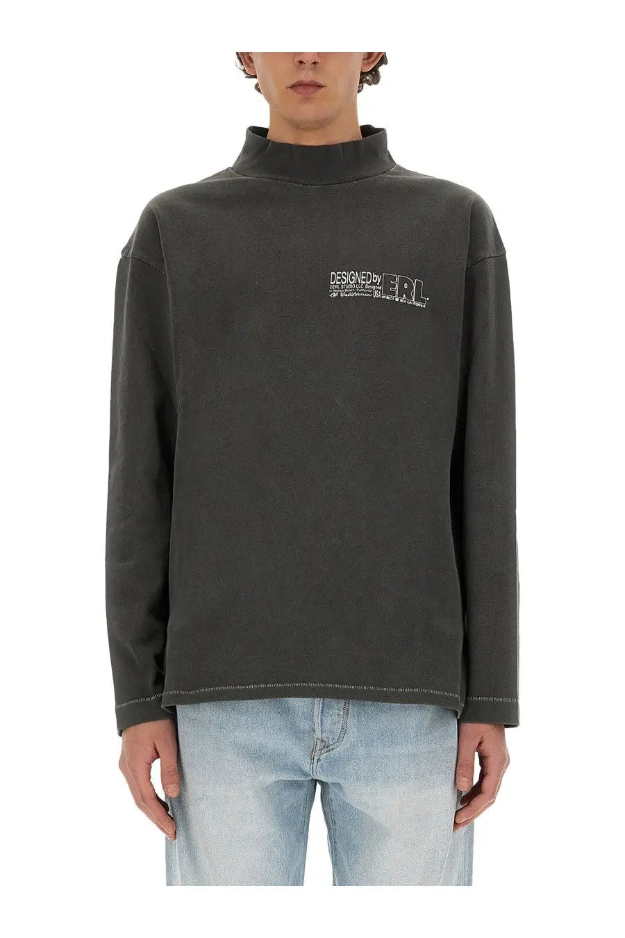 Erl men shirt black dark gray long-sleeved turtleneck with white embroidered text on the chest