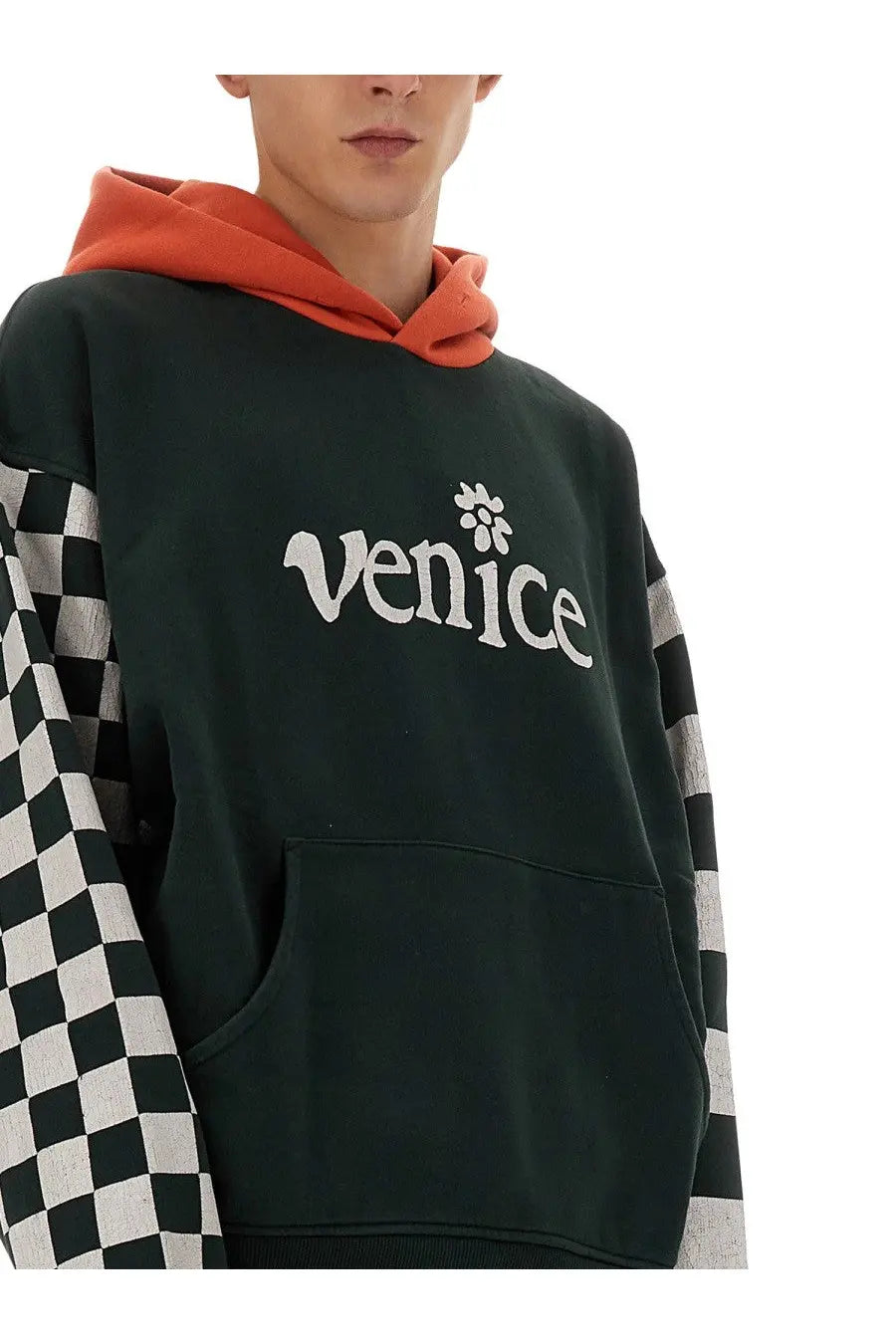 Erl men’s venice sweatshirt black featuring dark green hoodie with orange hood lining and black and white checkered sleeves
