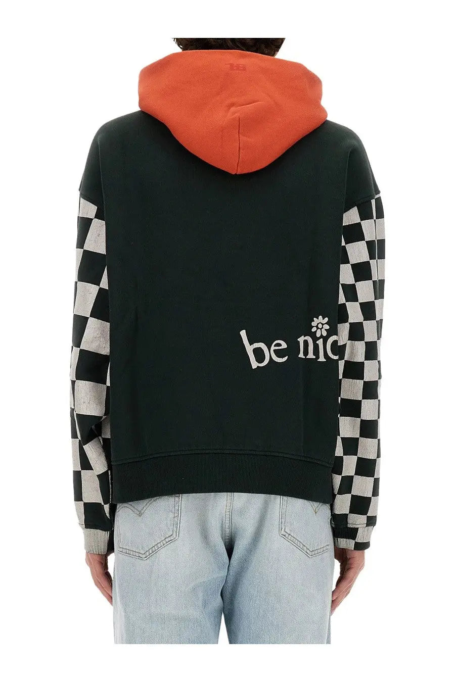 Back view of erl men’s venice sweatshirt black hooded with checkered orange sleeves and white be nice embroidery