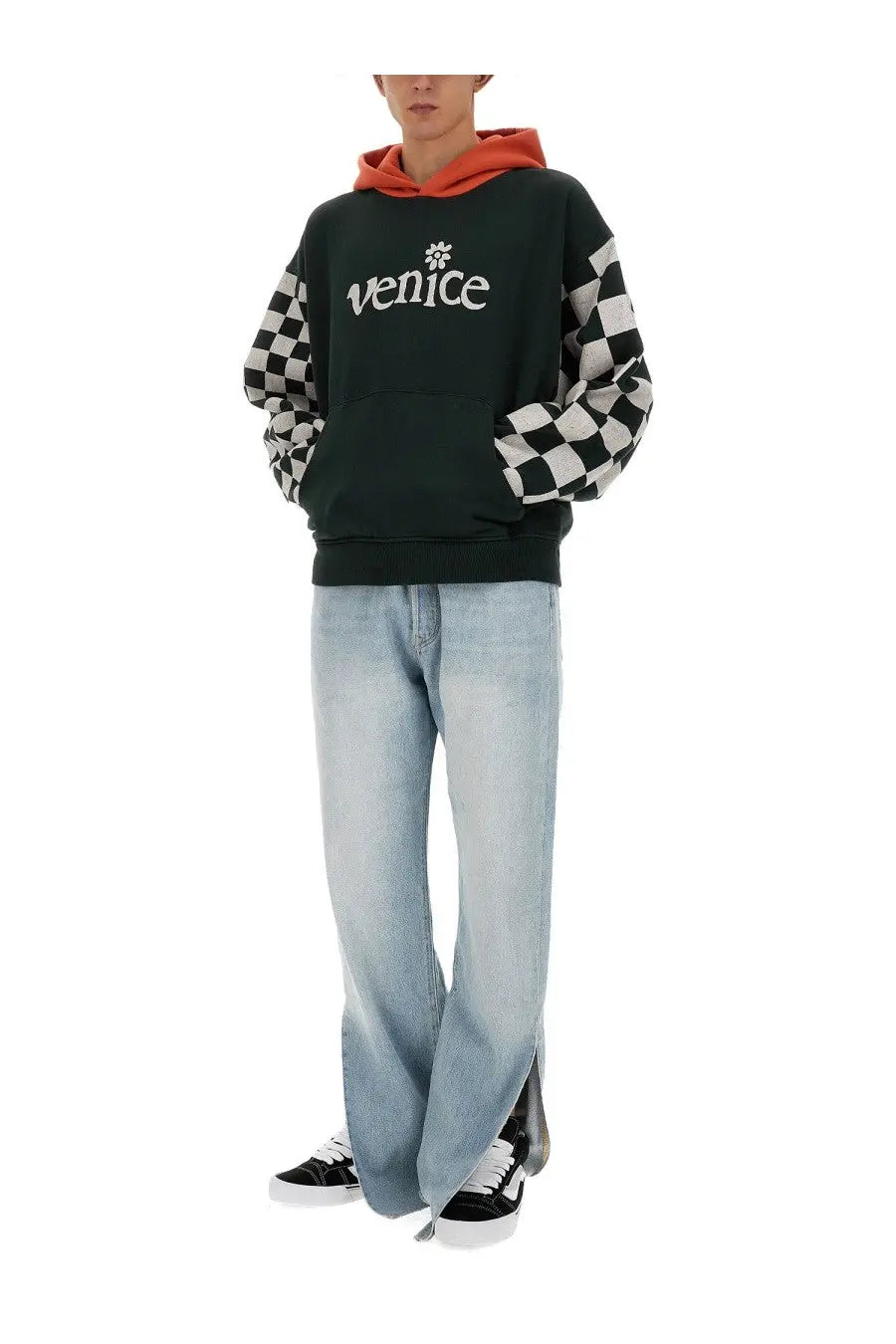 Erl men’s black sweatshirt with black and white checkered sleeve hoodie and white venice logo on chest
