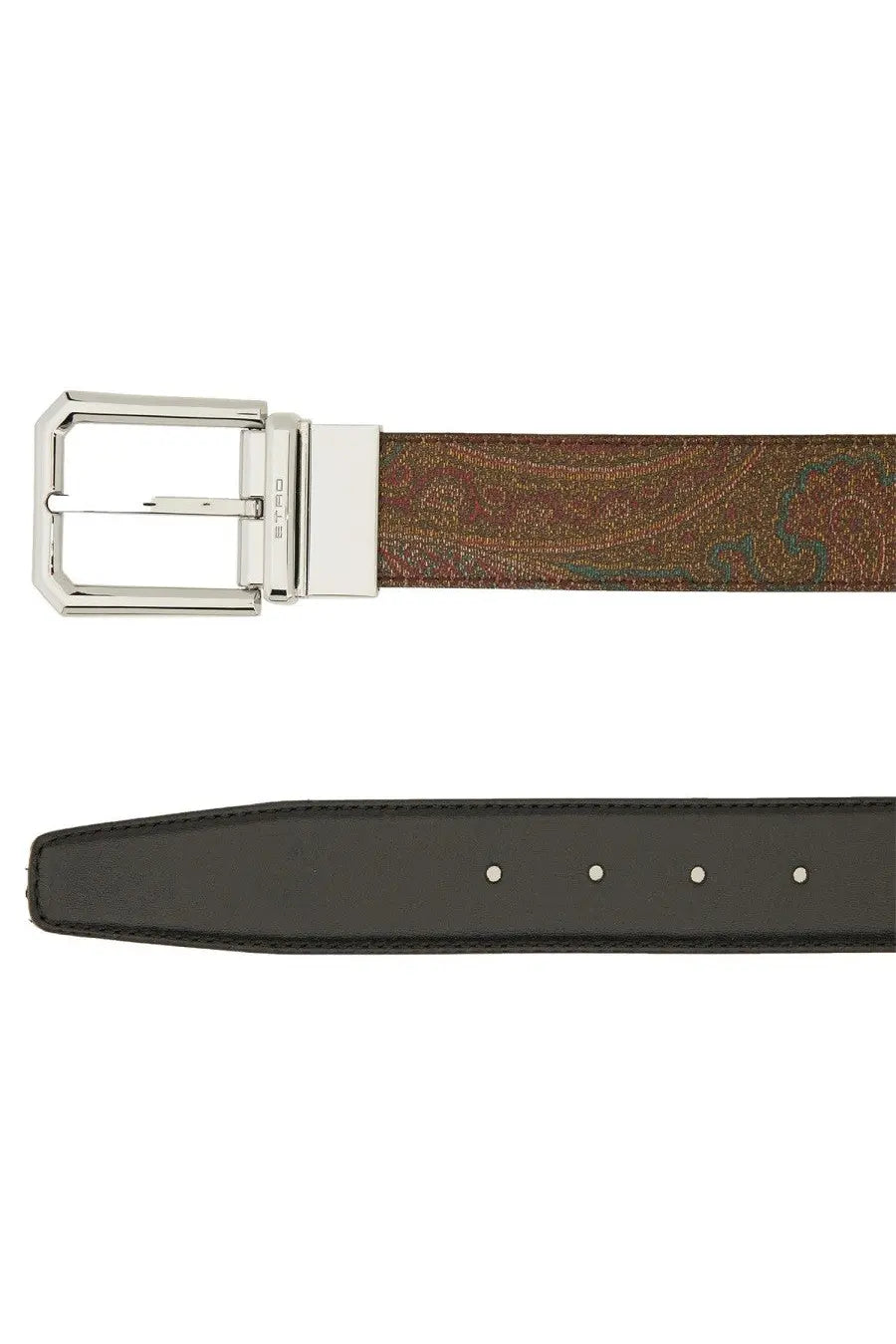 Etro men’s belt multicolor featuring a brown paisley-patterned leather strap with a silver-toned buckle and black leather