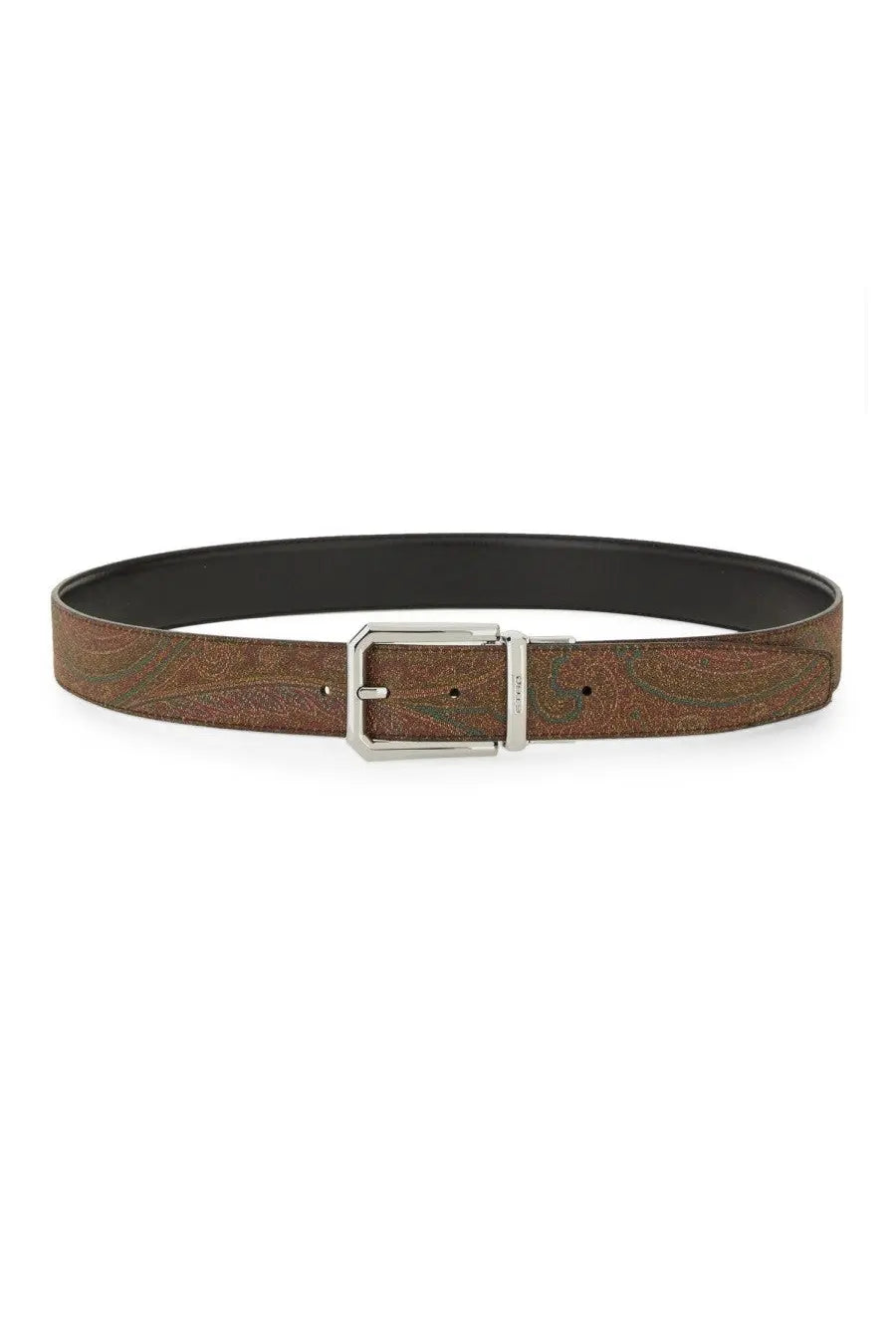 Etro men’s belt multicolor featuring a brown paisley-patterned leather strap with a silver-toned buckle