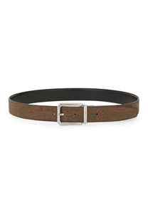 Etro men’s belt multicolor featuring a brown paisley-patterned leather strap with a silver-toned buckle