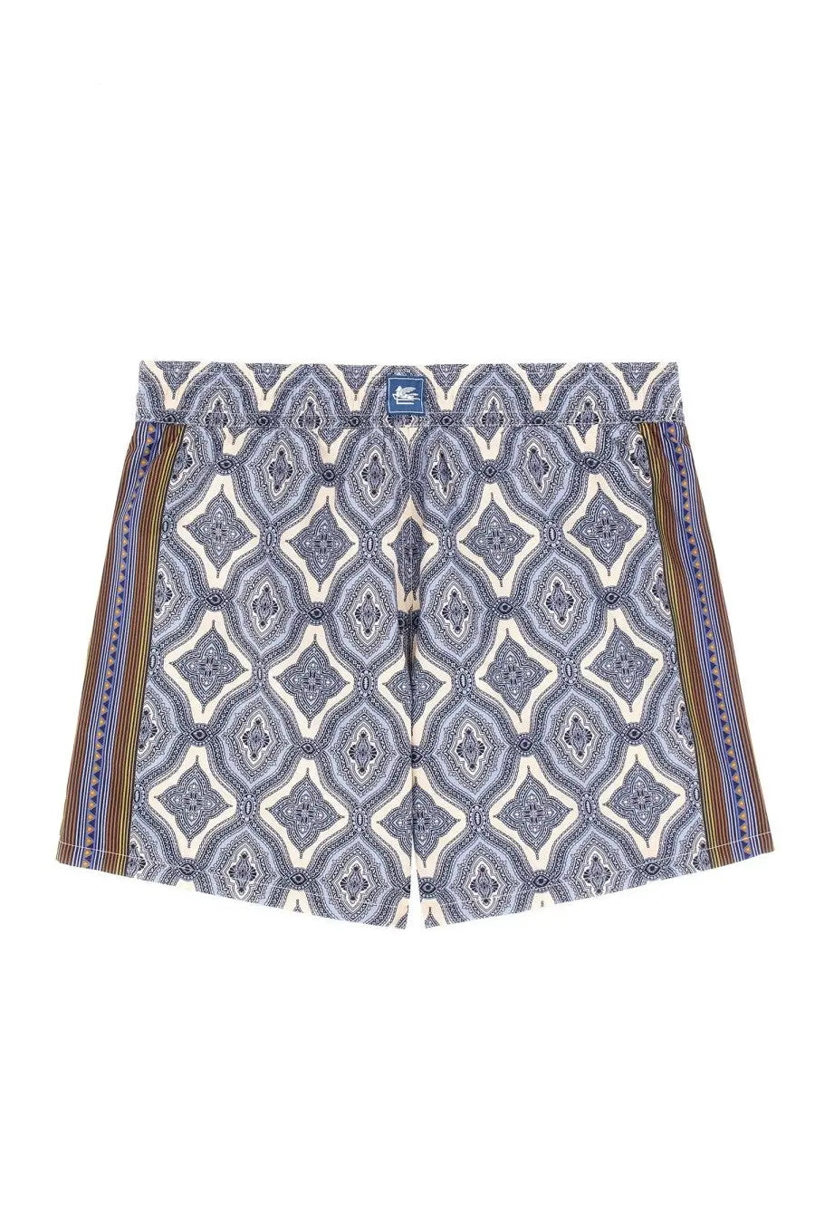 Etro men’s boxer swimsuit in blue and white patterned fabric with striped side panels for swimming