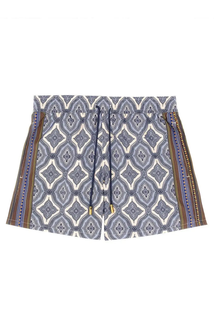 Etro men’s boxer swimsuit in blue and white patterned fabric with multicolor striped side panels for swimming